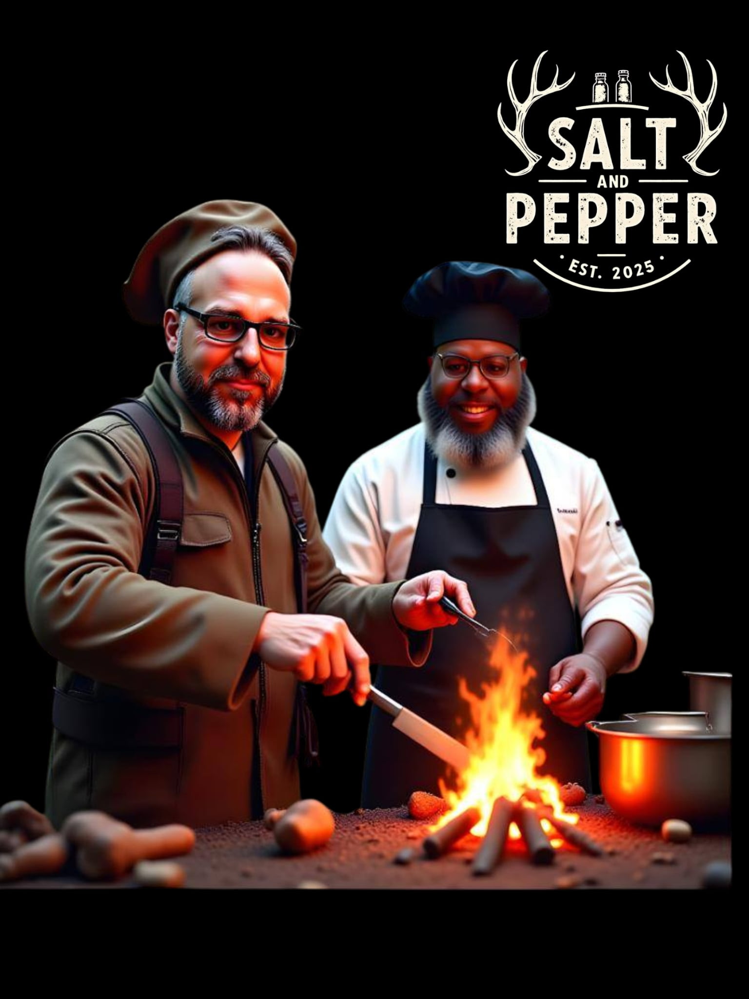 The Salt and Pepper Show hosts cooking over a fire