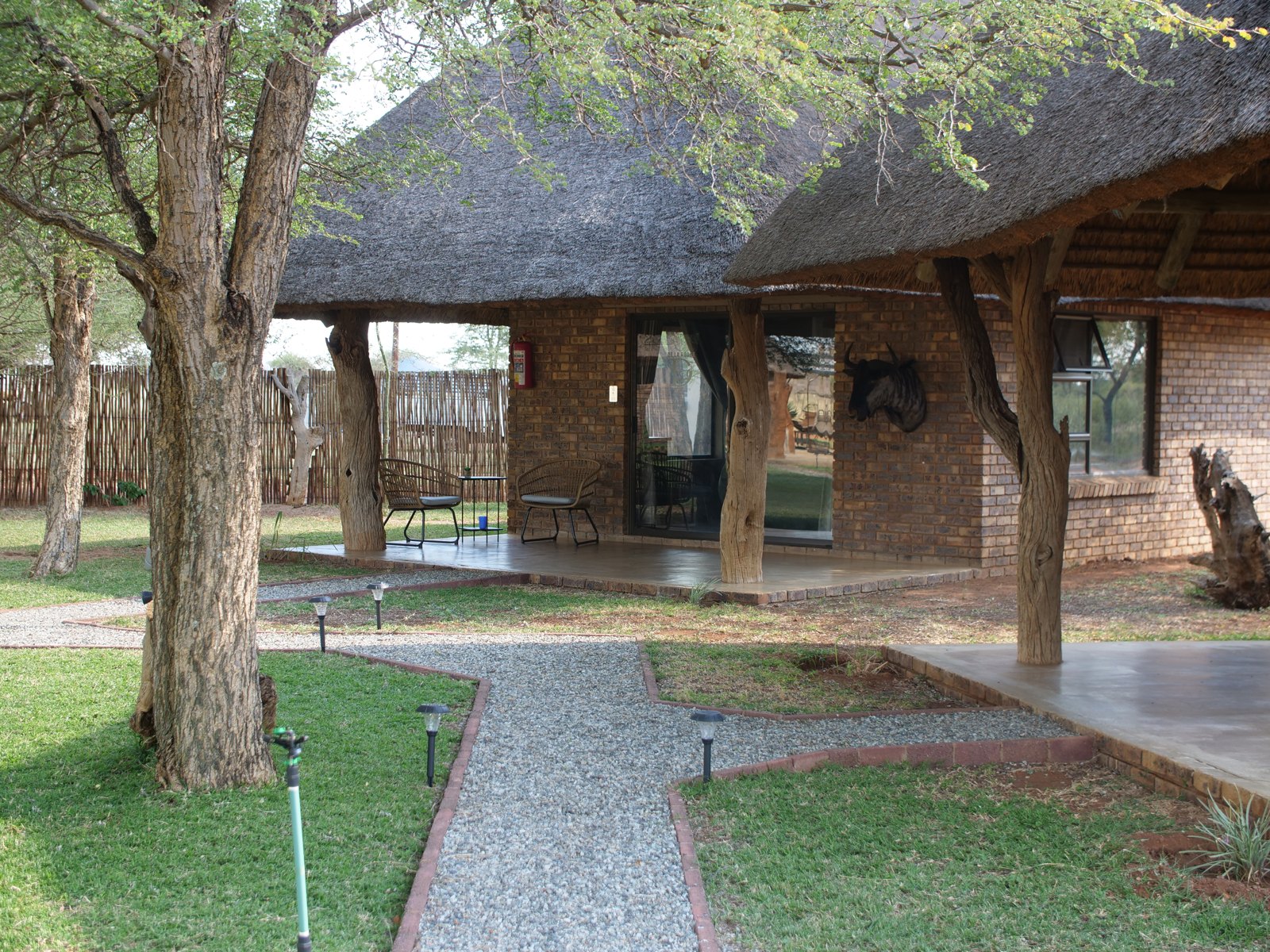 Thatched chalet and shaded grounds at the Limpopo lodge