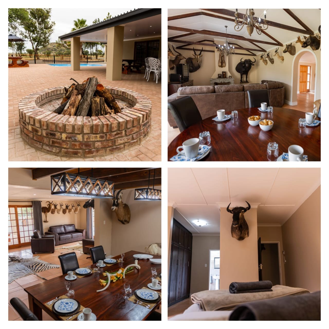 Lodge views: outdoor fire area, dining, lounge and bedroom