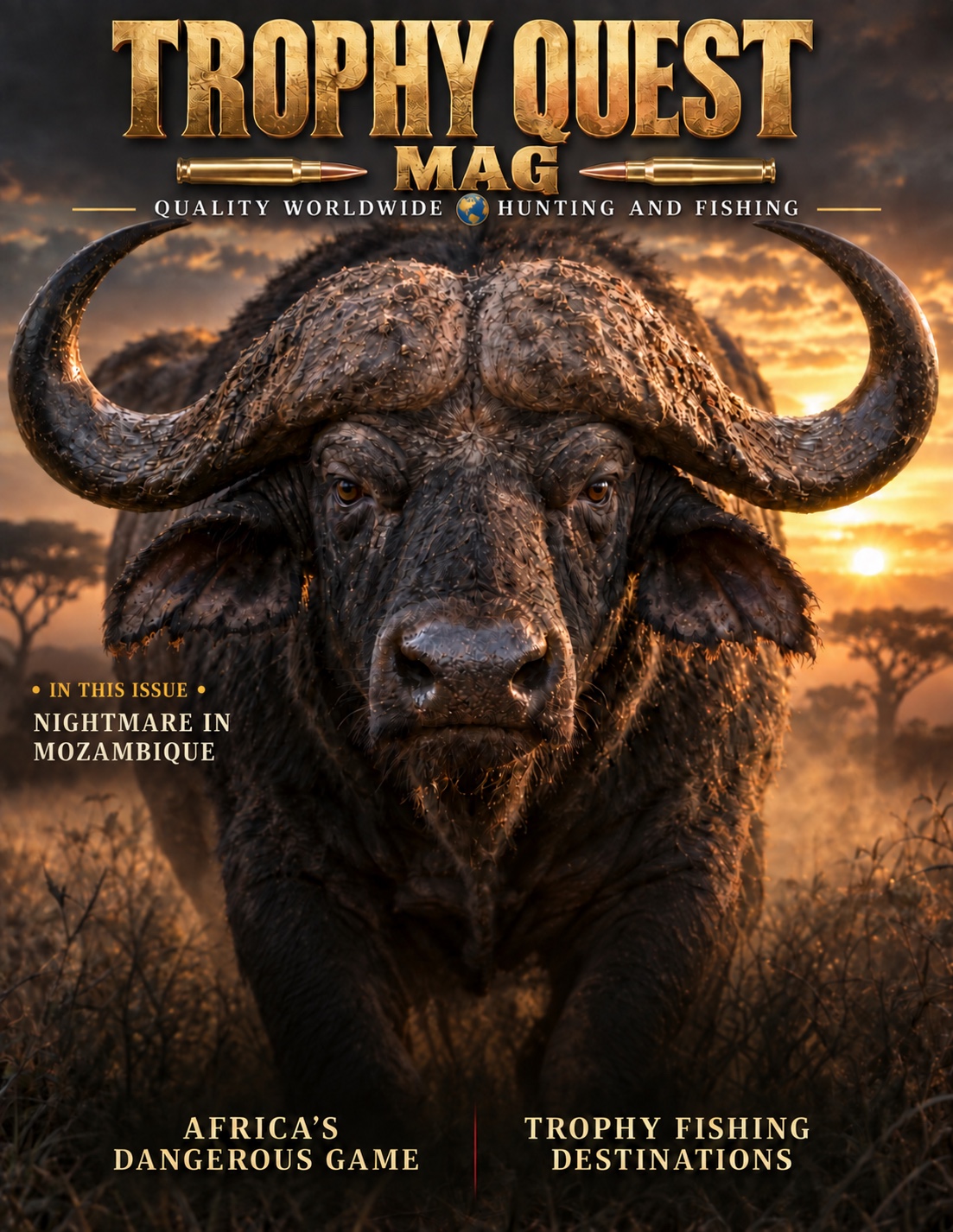 Trophy Quest Mag cover featuring a Cape buffalo and Nightmare in Mozambique